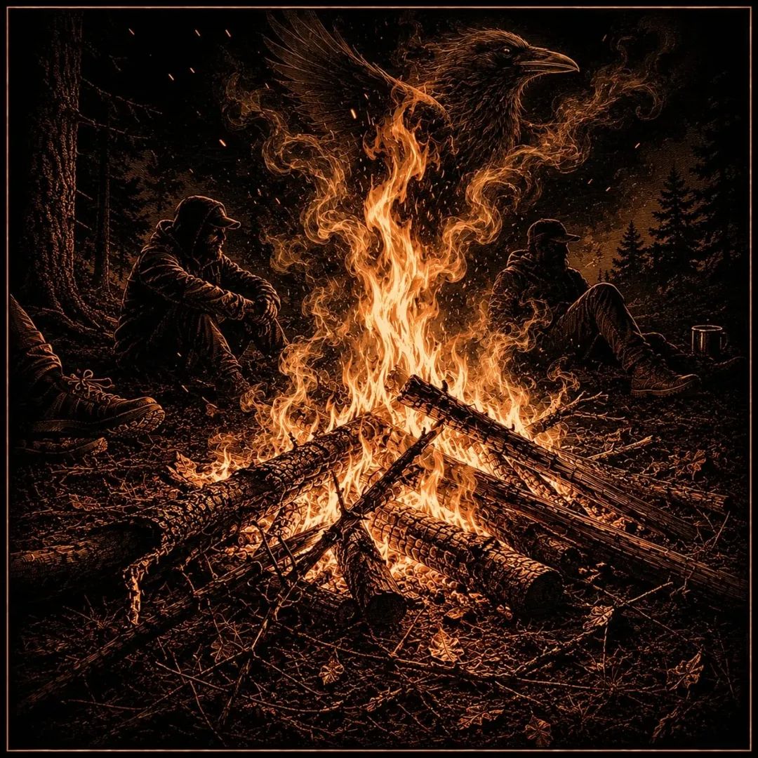 The camping fire - engraved picture on black background