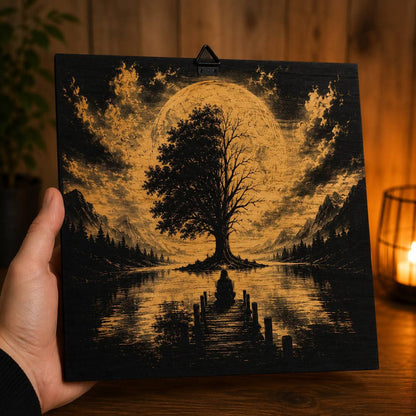 The story - engraved picture on black background