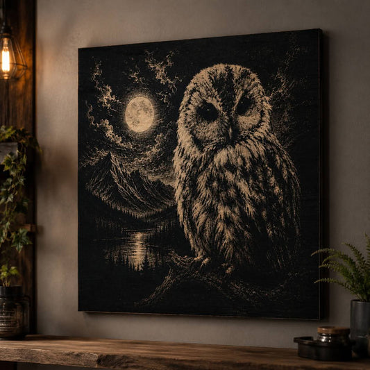 The owl  - engraved picture on black background
