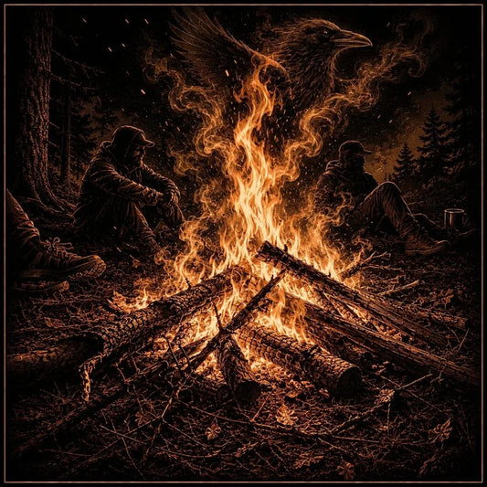 The camping fire - engraved picture on black background