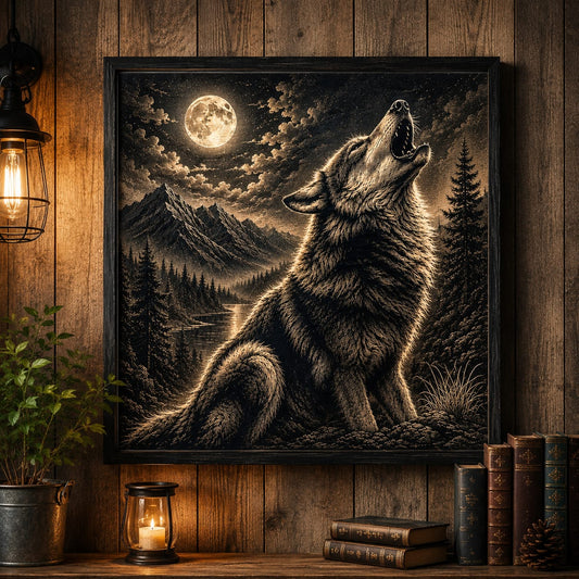 The Wolf - engraved picture on black background