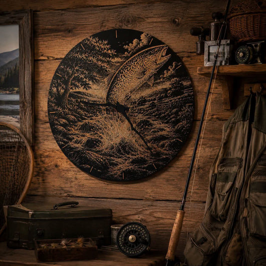 Gone fishing - engraved clock on the black background