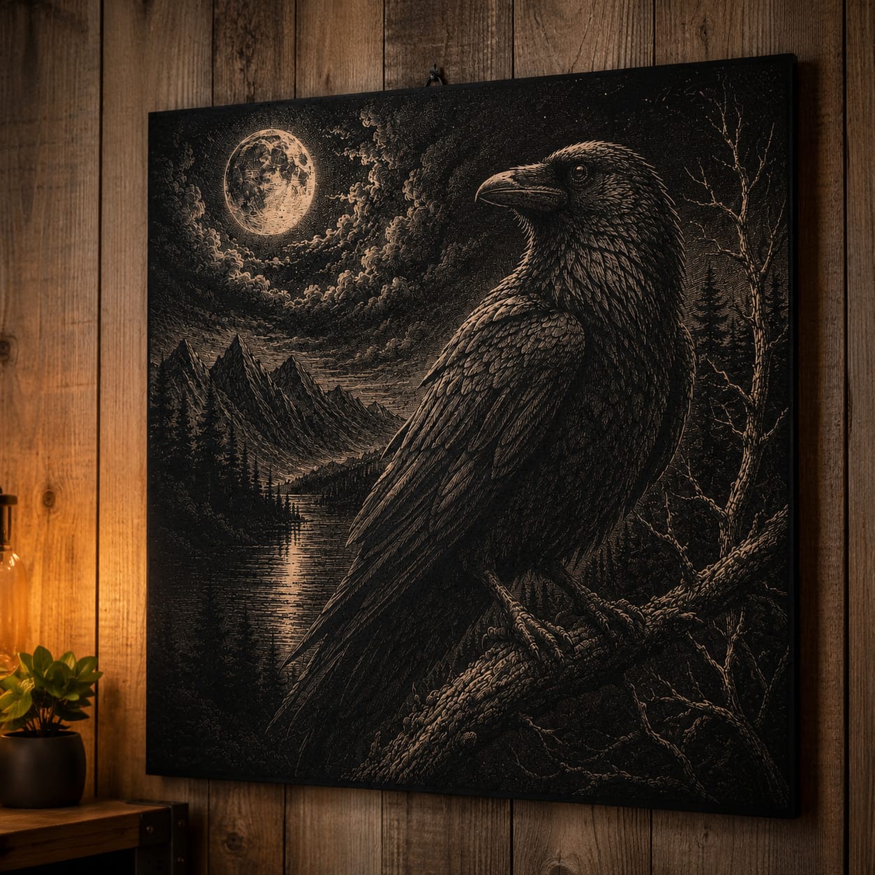 The crow - engraved picture on black background