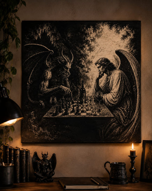 The good and evil - engraved picture on black background