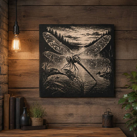 The dragonfly - engraved picture on black background